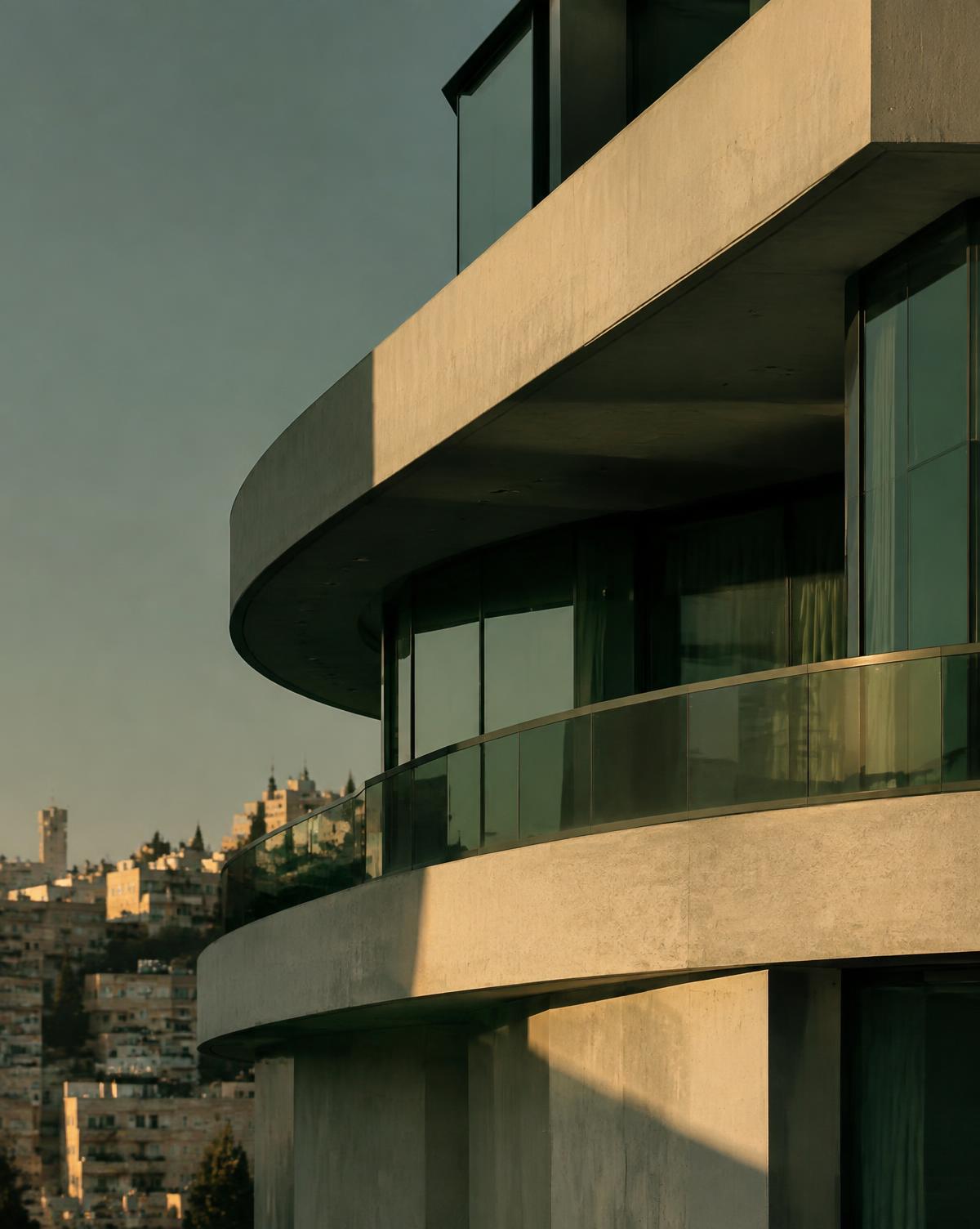 Curved concrete and glass building facade in warm evening light