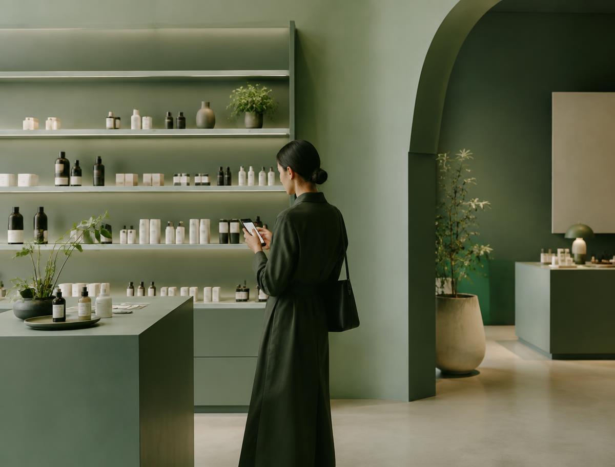 Shopper using a phone inside a minimal boutique