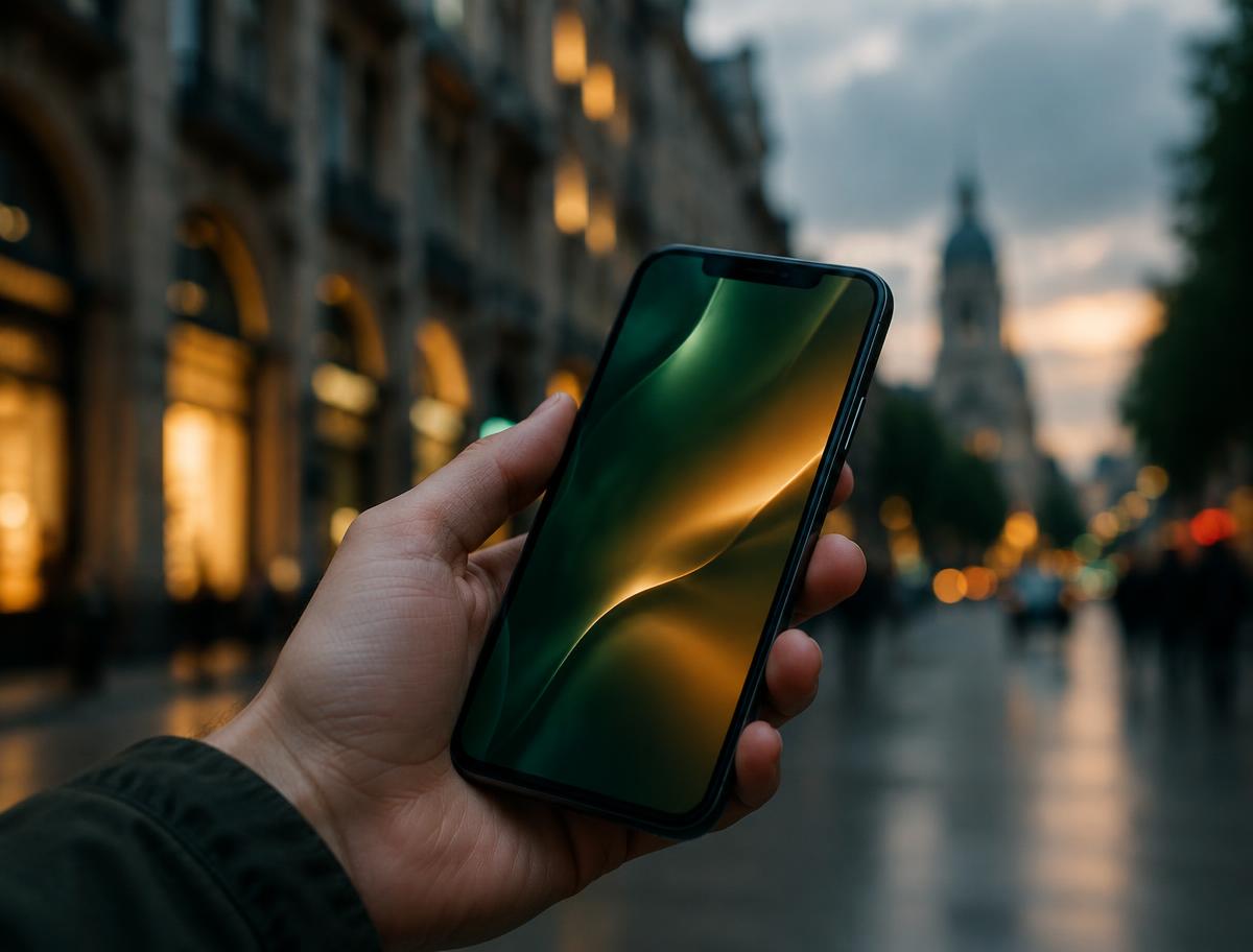Hand holding a smartphone on a city street at dusk