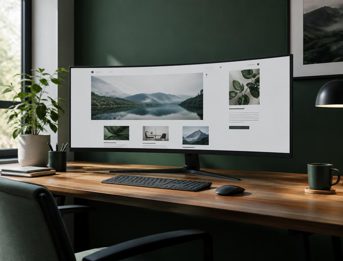 Curved monitor showing a clean website layout on a desk
